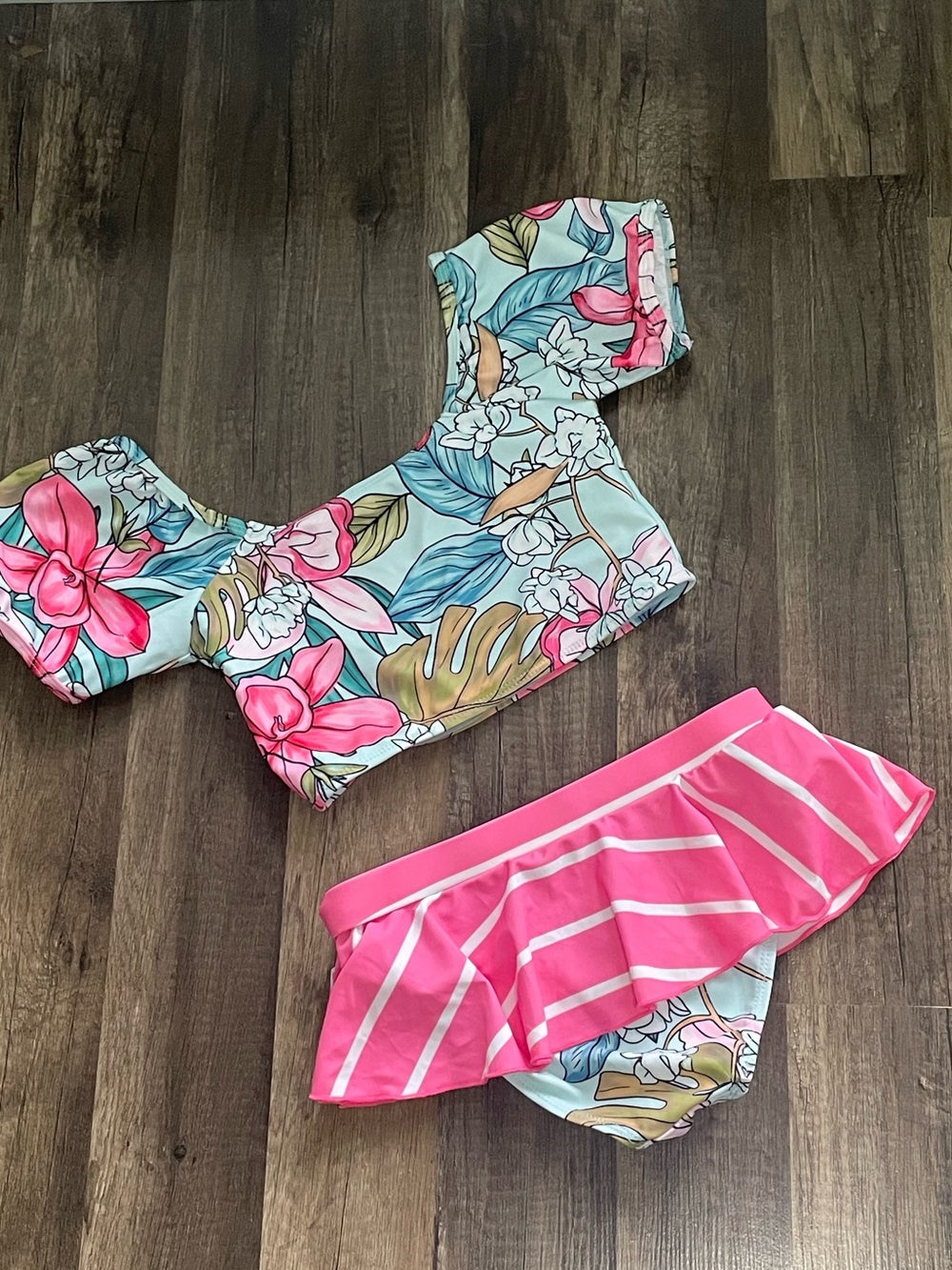 Girls Pink Floral Off-Shoulder Bikini Set - Tropical Print